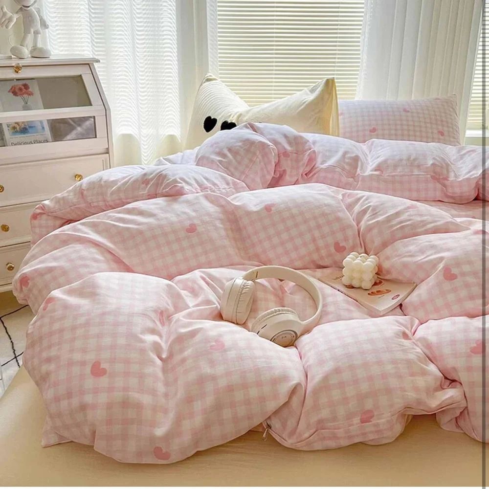 Twin Pink Heart Check Duvet Cover Set - Home Bedding
